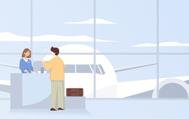 People in airport flat color icon of pilot stewardess tourists with travel bags at checkpoint and security screening. Passport control, luggage, security, check. Isolated vector illustration