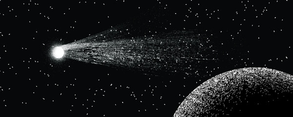 Star and planet in space. Futuristic landscape, with noise texture . Night landscape with starry sky .Vector illustration © miloje