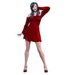 Beautiful brunette woman red short dress.