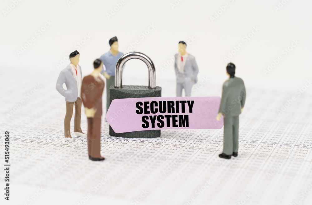 Poster there are figures of people on business reports, a padlock with a sticker on which it is written - s