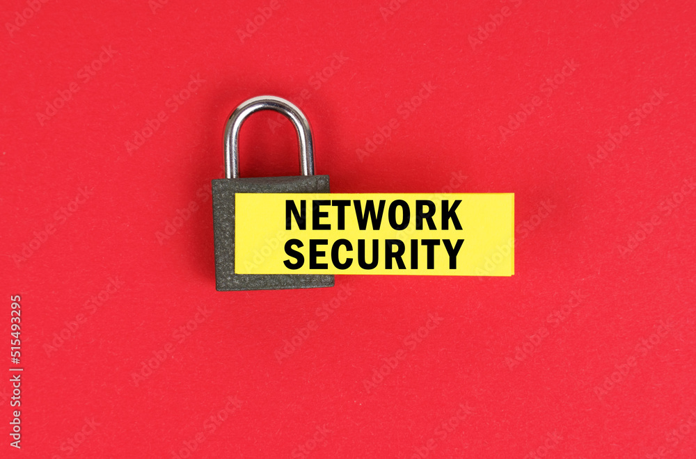 Poster on the red surface there is a lock with a sticker with the inscription - network security