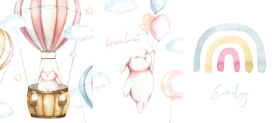 Cute watercolor set of flying bunny air balloon illustration,boho woodland card design for kids, baby shower invitation,greeting card, poster, frame art, printable, birthday party,it's a boy, sticker