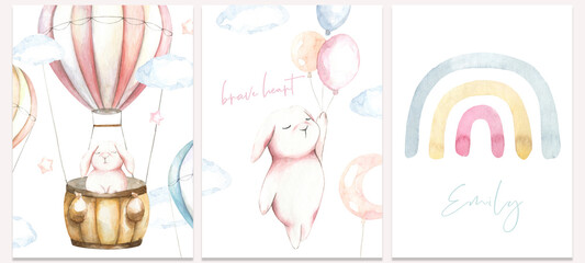 Cute watercolor set of flying bunny air balloon illustration,boho woodland card design for kids, baby shower invitation,greeting card, poster, frame art, printable, birthday party,it's a boy, sticker