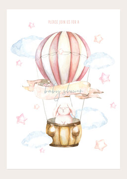 Cute watercolor set of flying bunny air balloon illustration,boho woodland pink card design for kids, baby shower invitation,greeting card, poster, frame art, printable, birthday party,it's a boy