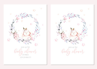 Cute watercolor frame flying bunny balloon illustration,baby shower invitation, boho woodland card design for kids, greeting card, poster, frame art, printable, birthday party,it's a boy, sticker, diy