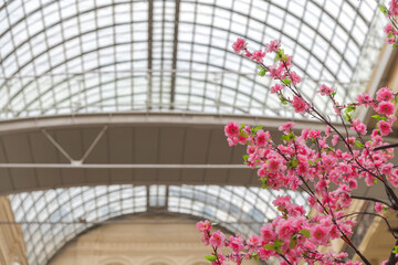 Artificial pink flower decoration of modern building. Blurred glass ceiling in the background. Selective focus. Copy space for your text. Indoor spring building decoration theme.