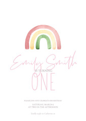 Emily is turning one Cute watercolor rainbow illustration with name Emily , boho drawing for baby shower invitation, greeting cards, it's a boy, it's a girl card ,poster, printable frame art