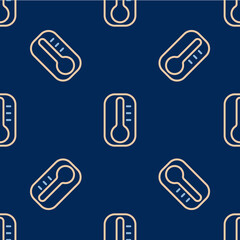 Line Meteorology thermometer measuring heat and cold icon isolated seamless pattern on blue background. Thermometer equipment showing hot or cold weather. Vector