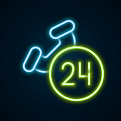 Glowing neon line Telephone 24 hours support icon isolated on black background. All-day customer support call-center. Full time call services. Colorful outline concept. Vector