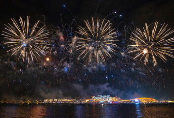 Firework display at Yas Island New Year celebrations, Abu Dhabi, United Arab Emirates