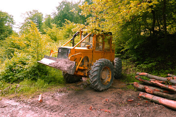 Fototapeta na wymiar Logging tractor for harvesting felled trees in the forest