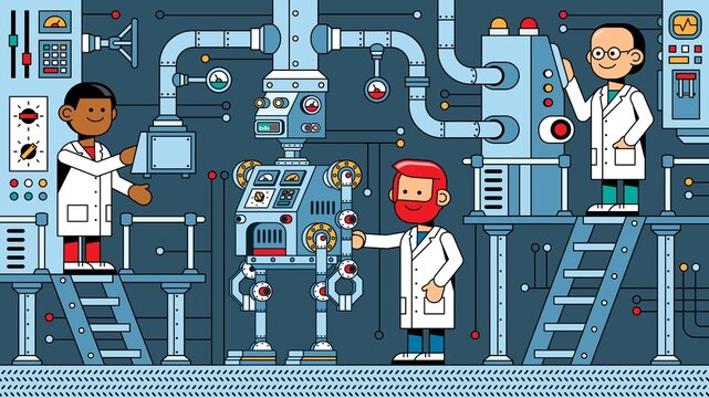 Scientists in the laboratory repair and adjust the robot. Vector cartoon illustration.