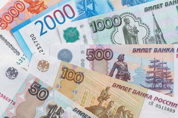Russian rubles background. Money background and texture. Banknotes of different denominations