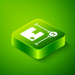 Isometric Carton cardboard box measurement icon isolated on green background. Box, package, parcel sign. Delivery and packaging. Green square button. Vector