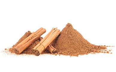 Ceylon cinnamon sticks and pile of ground cinnamon isolated on a white background