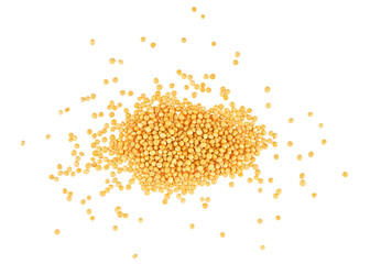 Pile of yellow mustard seeds isolated on a white background, top view. - obrazy, fototapety, plakaty