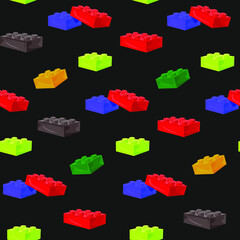 Seamless pattern of designer toy blocks on the black background. Vector