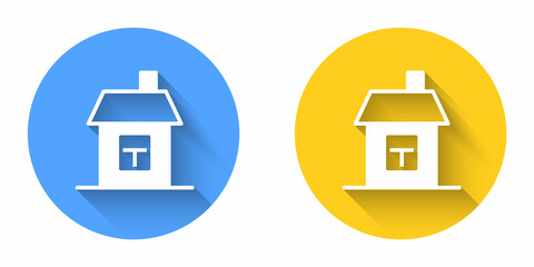 White House icon isolated with long shadow background. Home symbol. Circle button. Vector