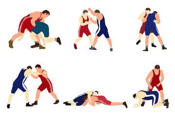 Vector collection of athletes wrestlers in wrestling, duel, fight. Greco Roman, freestyle, classical wrestling.