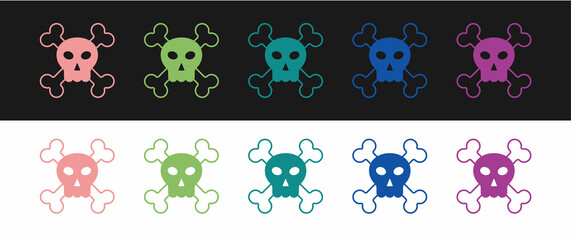 Obraz premium Set Skull on crossbones icon isolated on black and white background. Happy Halloween party. Vector
