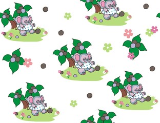 Obraz premium Vector seamless pattern for fabric and paper with elephants and coconut palms on a white background. Drawing for fabric, textiles, children's clothing, wallpaper.
