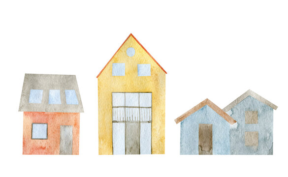 Collection of houses painted by watercolor isolated on a white background. Hand drawn set of abstract cartoon houses.