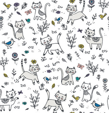 Hand-drawn cats and kittens in a playful vector pattern.