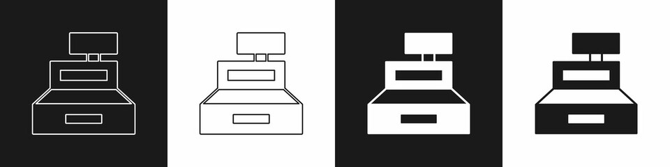 Set Cash register machine with a check icon isolated on black and white background. Cashier sign. Cashbox symbol. Vector