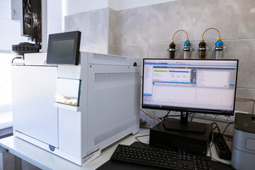 The gas chromatograph system with head space sampler. The system provides reliable capabilities for small or medium labs. Laboratory equipment for product quality control at the food production plant. - 515499223