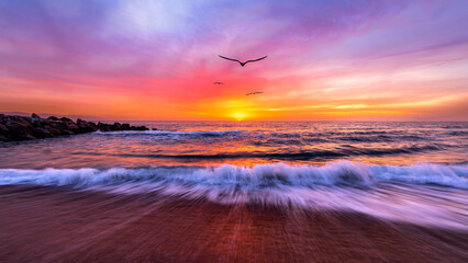 Ocean Sunset Inspirational Birds Flying