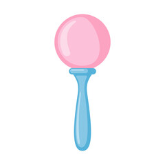 Pink baby rattle icon in flat style isolated on white background.