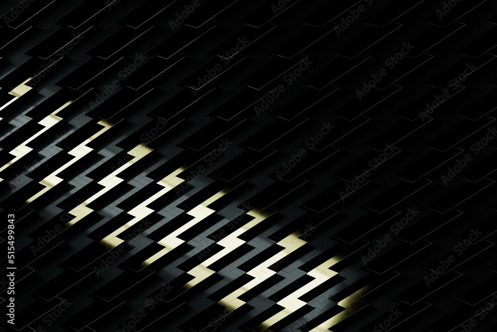 Poster 3d rendering. a beam of light falling on repeating white and gray zigzags on a dark background with 