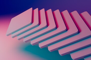 abstract purple and pink background on which white squares with a shadow are placed in a line. 3d render. 3d illustration