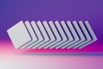 abstract purple and pink background on which white squares with a shadow are placed in a line. 3d render. 3d illustration