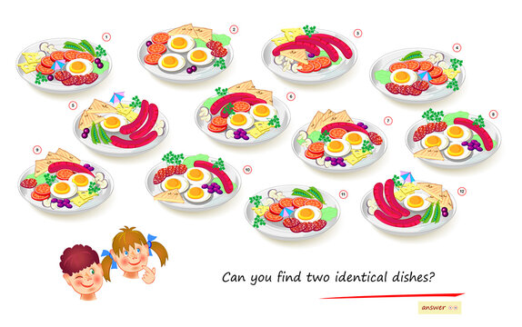 Logic puzzle game for children and adults. Can you find two identical dishes? Page for kids brain teaser book. Task for attentiveness. Sea life. IQ test. Play online. Vector cartoon illustration.