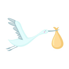 Stork icon delivering a newborn baby in flat style isolated on white background.