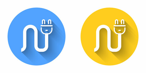 White Electric plug icon isolated with long shadow background. Concept of connection and disconnection of the electricity. Circle button. Vector
