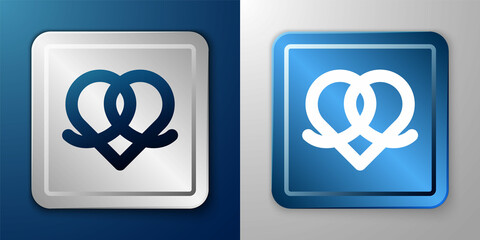 White Pretzel icon isolated on blue and grey background. German comfort food pastry. Oktoberfest festival. Silver and blue square button. Vector