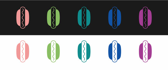 Set Hotdog sandwich with mustard icon isolated on black and white background. Sausage icon. Fast food sign. Vector