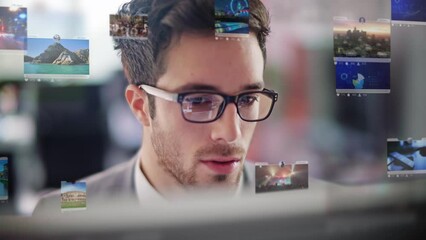 Young handsome business man working on computer at office. Holographic social media interface animations appearing. Social Network. Likes, Comments, Followers.