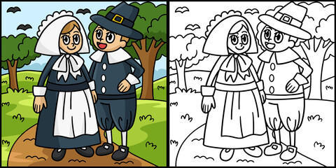 Thanksgiving Pilgrim Couple Coloring Illustration