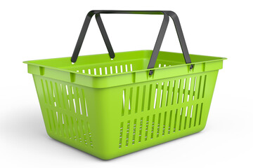 Plastic basket from supermarket for online shopping on white background.