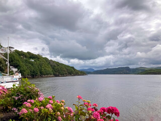 View of the sea and Portmeirion Village an Italian style in Wales, UK.