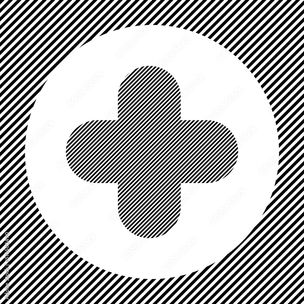 Poster a large quatrefoil symbol in the center as a hatch of black lines on a white circle. interlaced effe