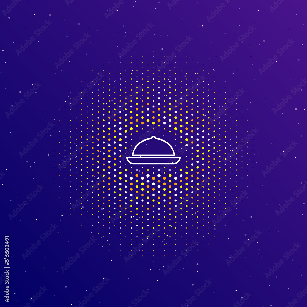 Poster a large white contour cloche symbol in the center, surrounded by small dots. dots of different color