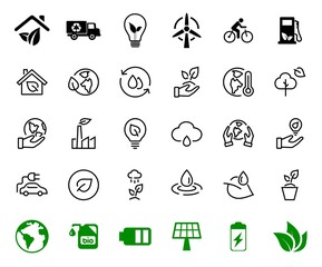set of ECOLOGY icons, vector lines contains such icons as an electric car, global warming, forest, eco, watering plants, plants and much more. Editable stroke, ecology