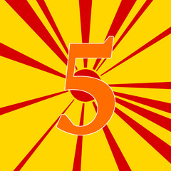 Number five symbol on a background of red flash explosion radial lines. The large orange symbol is located in the center of the sun, symbolizing the sunrise. Vector illustration on yellow background