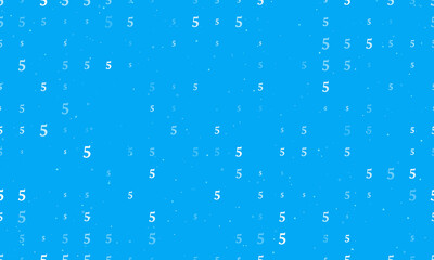 Seamless background pattern of evenly spaced white number five symbols of different sizes and opacity. Vector illustration on light blue background with stars
