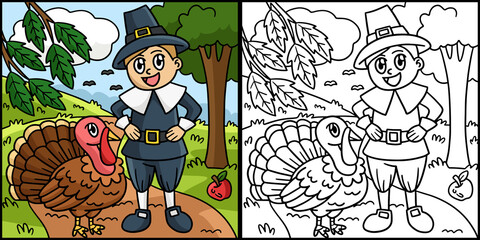 Thanksgiving Pilgrim Boy And Turkey Illustration