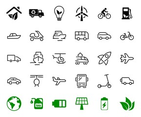 Set of public transport related vector line icons. Contains icons such as bus, bike, suitcase, car, scooter, truck, transport, trolley bus, sailboat, motor boat, plane and much more. Editable stroke